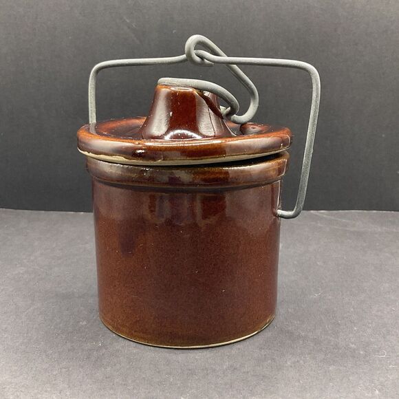 Vintage Stonewear‎ Brown Glazed Cheese Crock Jar With Locking Lid 4 Inch - Picture 1 of 9